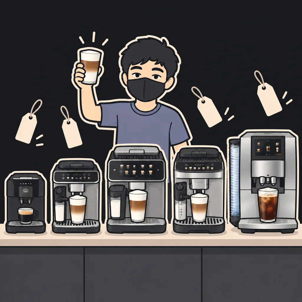 Aun mascot standing behind a kitchen counter lined with automatic coffee machines of increasing size, holding up a latte glass, cream price tags floating in the air