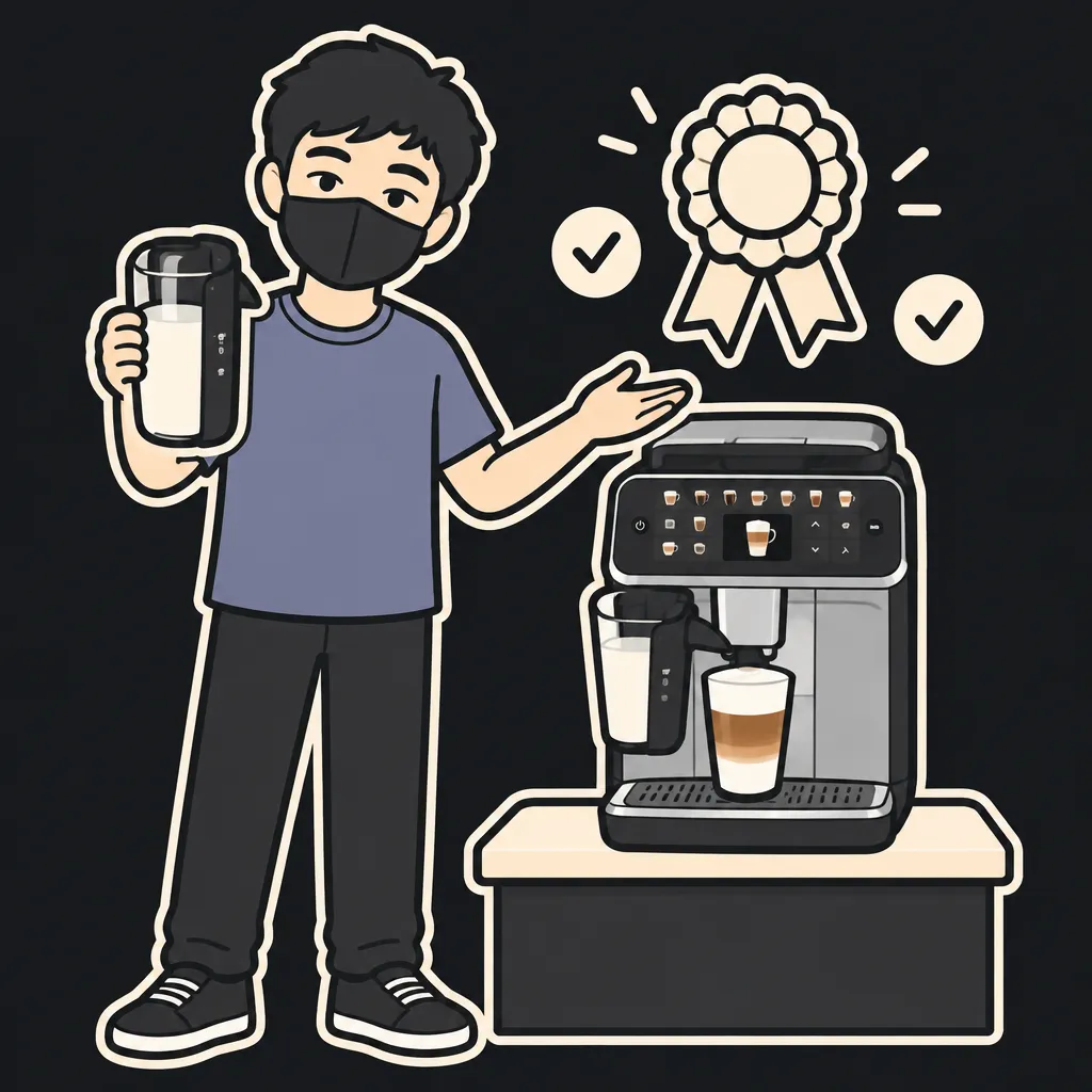 Aun mascot proudly presenting a compact silver automatic coffee machine with a two-part milk carafe in his other hand and a cream award rosette floating beside it