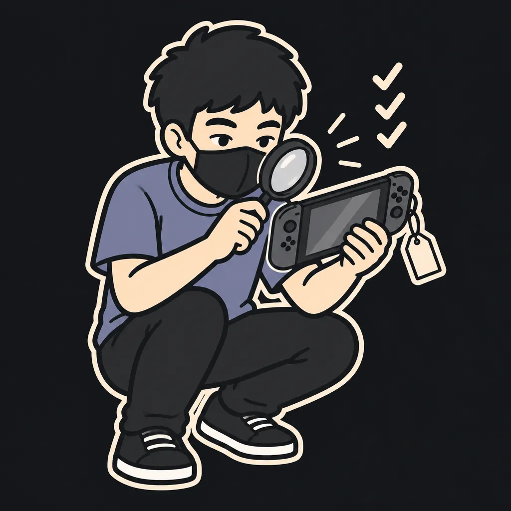 Aun mascot checking a used handheld game console with a magnifying glass before buying — used handheld console checklist