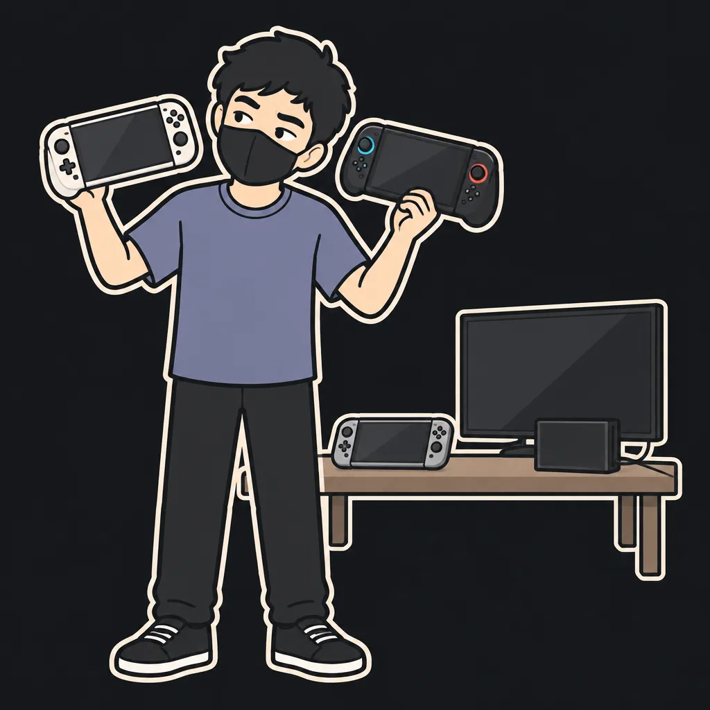 Aun mascot holding up two handheld game consoles side by side to compare them, a third console resting on a table behind — Switch 2 vs Steam Deck OLED vs ROG Xbox Ally X after the price hikes