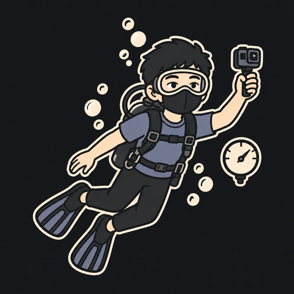 Aun mascot wearing a diving mask underwater holding an action camera up with cream bubbles around him