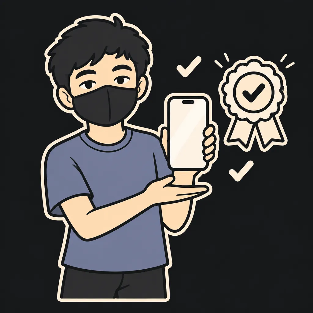 Aun mascot proudly presenting a flat slab smartphone with a cream award rosette floating beside it — the verdict pick of the iPhone Duo vs iPhone 18 Pro Max comparison
