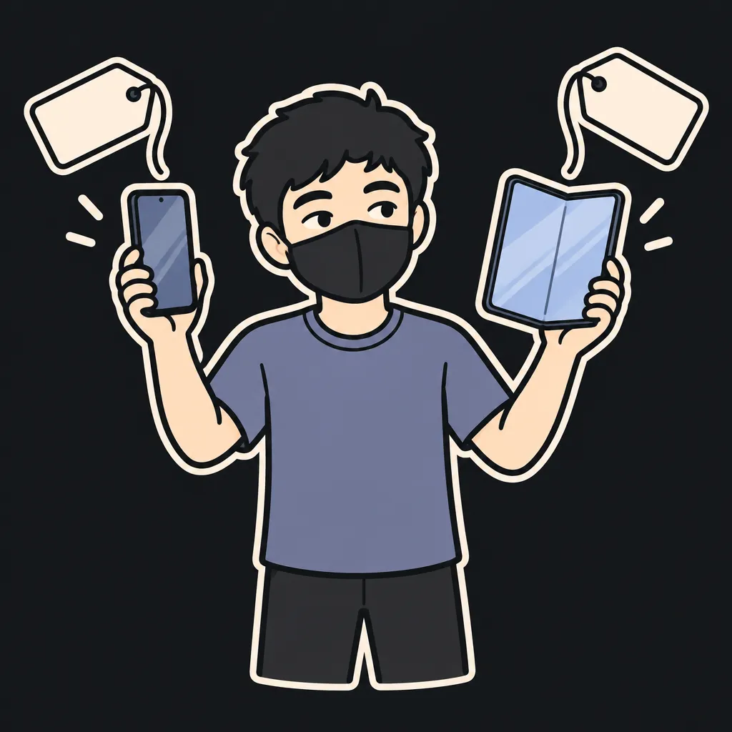 Aun mascot comparing an open book-style foldable iPhone with a large inner screen against a flat slab iPhone, holding one in each hand, cream price tags floating in the air