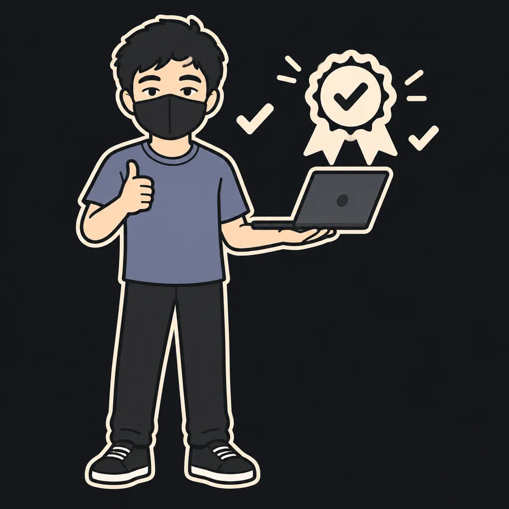 Aun mascot presenting a refurbished MacBook Air laptop flat across his palm with a cream award rosette floating beside it — the pick of the new vs refurbished laptop RAM price crisis guide
