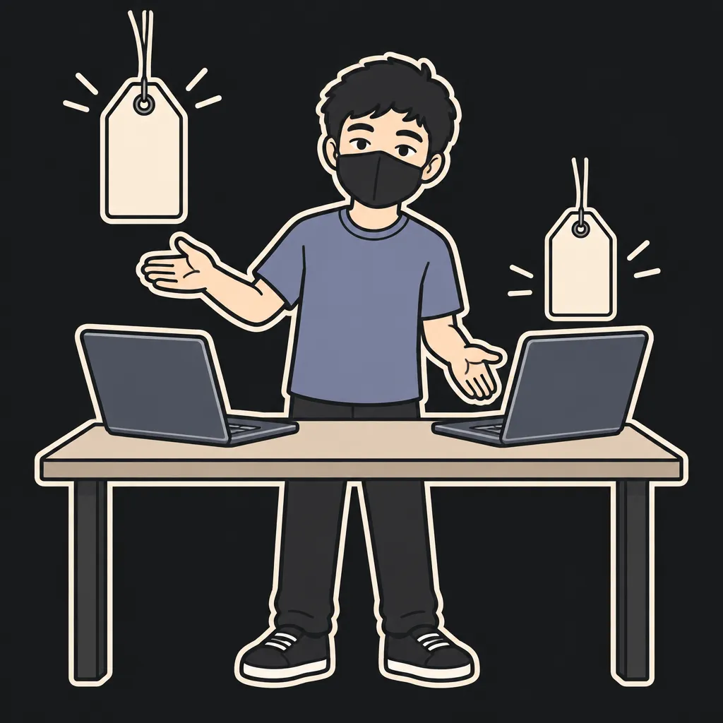 Aun mascot comparing two identical MacBook Air laptops on a low table, gesturing between them with one open palm, a high cream price tag floating above the left laptop and a lower cream price tag above the right one