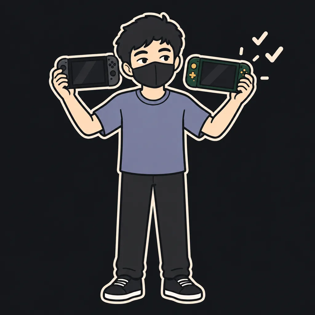 Aun mascot holding a Nintendo Switch 2 handheld in each hand comparing the plain standard model against the forest-green Zelda edition with gold accents