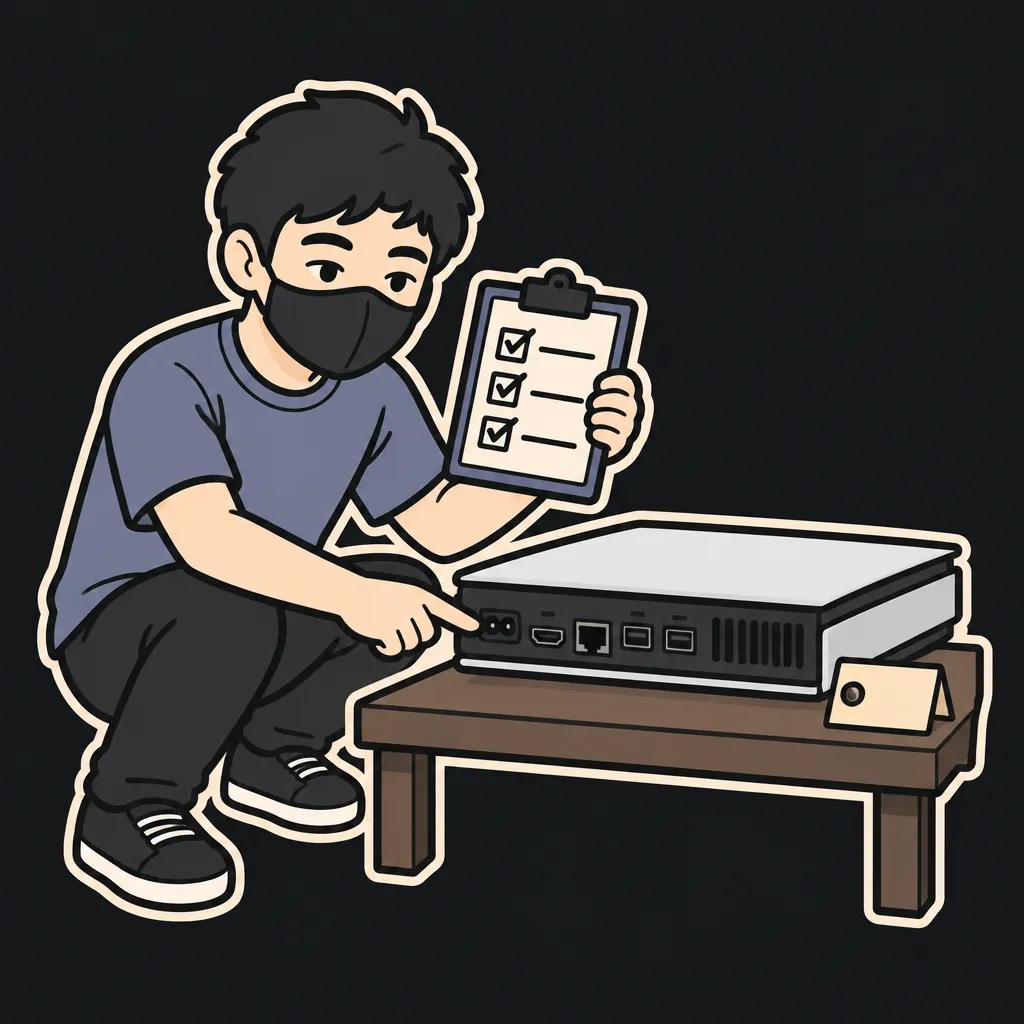 Aun mascot inspecting a used home game console box with a clipboard checklist before paying on eBay