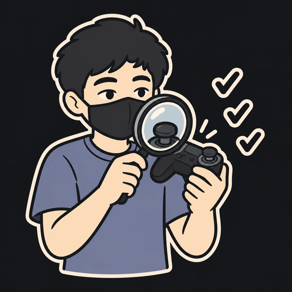 Aun mascot testing a detached game controller joystick for drift with a magnifying glass before buying a used console