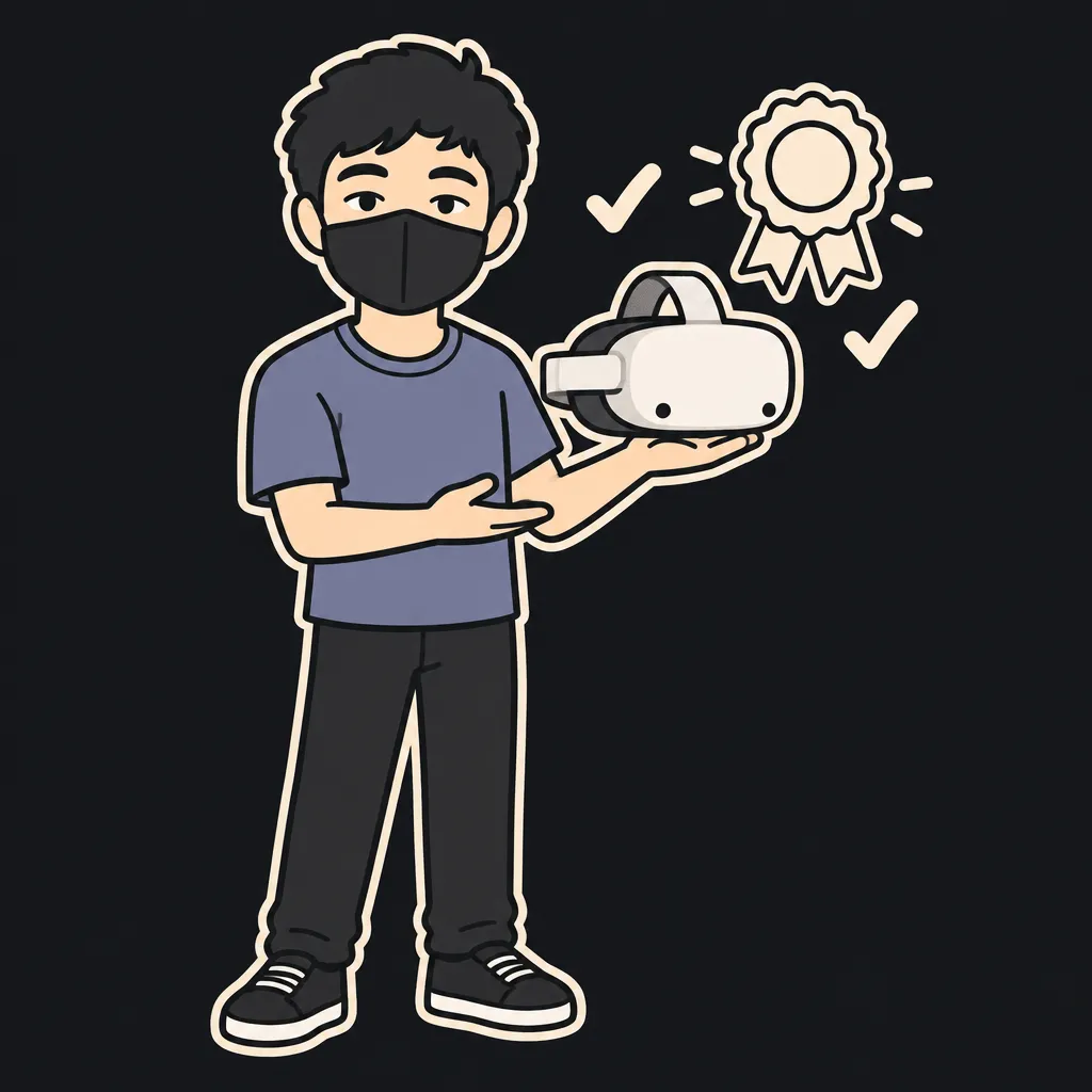 Aun mascot proudly presenting a white boxy VR headset with a fabric strap resting across his palm with a cream award rosette floating beside it — the pick of the Steam Frame vs Quest 3 vs PS VR2 review