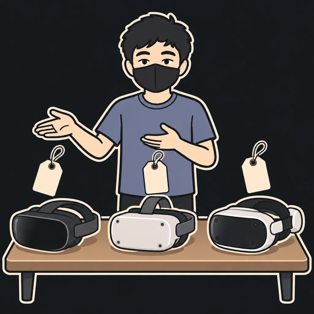 Aun mascot comparing three VR headsets resting in a row on a low table, gesturing between them with one open palm, cream price tags floating in the air