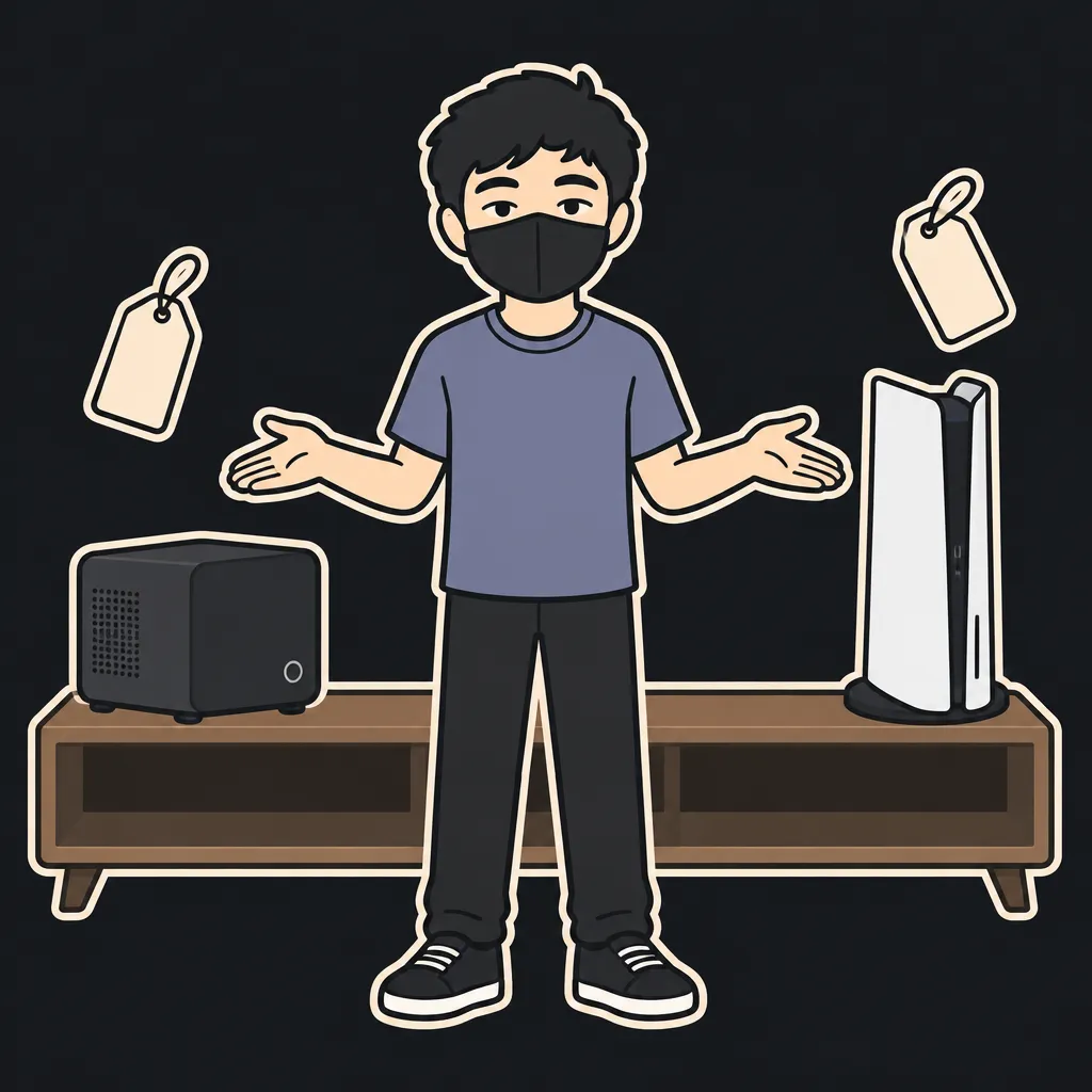Aun mascot comparing a compact dark cube gaming PC against a taller slim white game console, arms out between them, cream price tags floating in the air